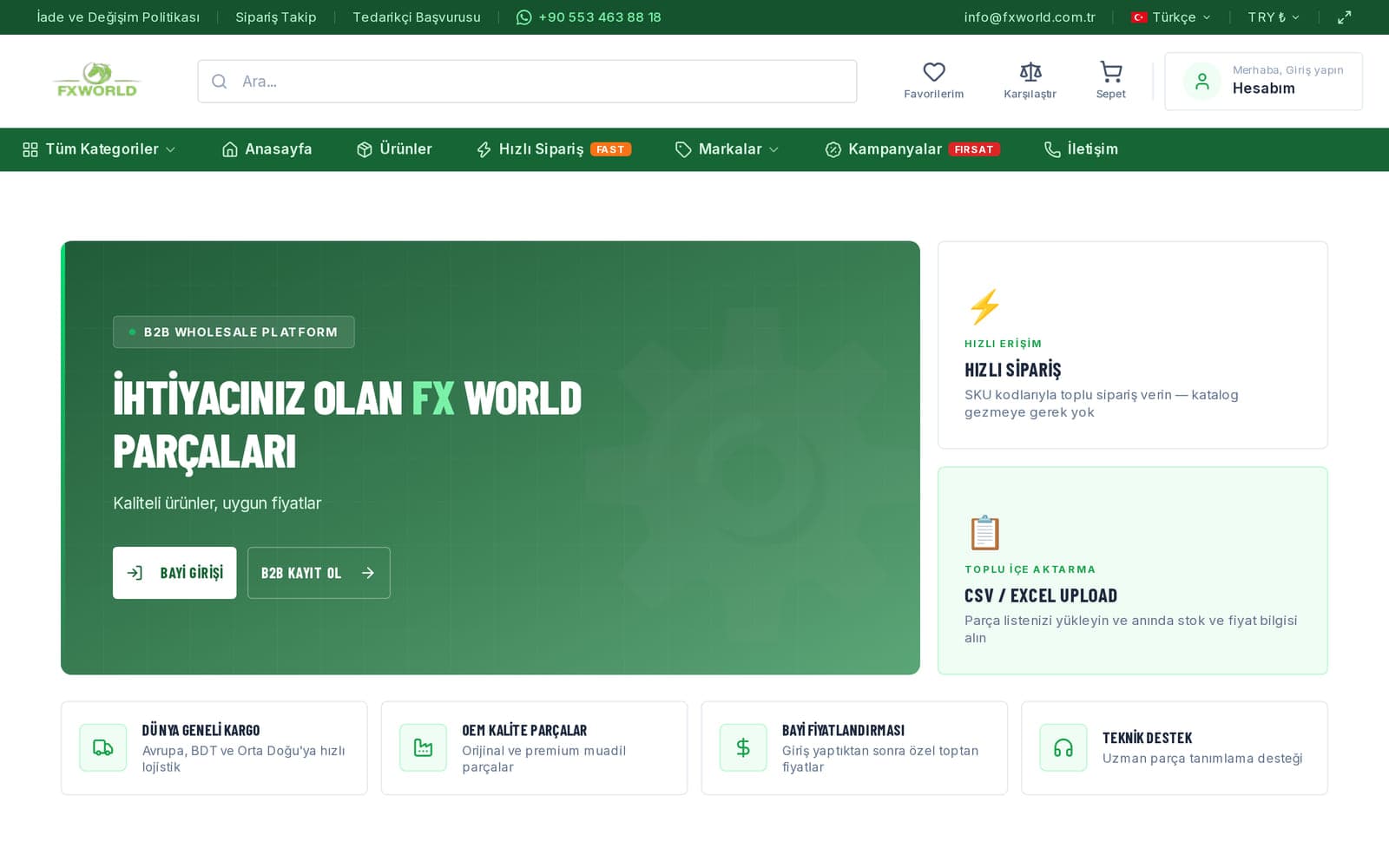 FX WORLD bayi mağazasının ana sayfası: hızlı sipariş ve Excel ile parça listesi yükleme kutuları