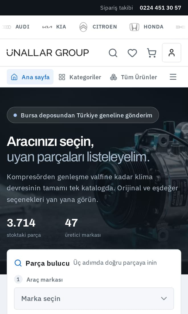 Bayi mağazasının telefondaki görünümü: parça bulucu ve arama