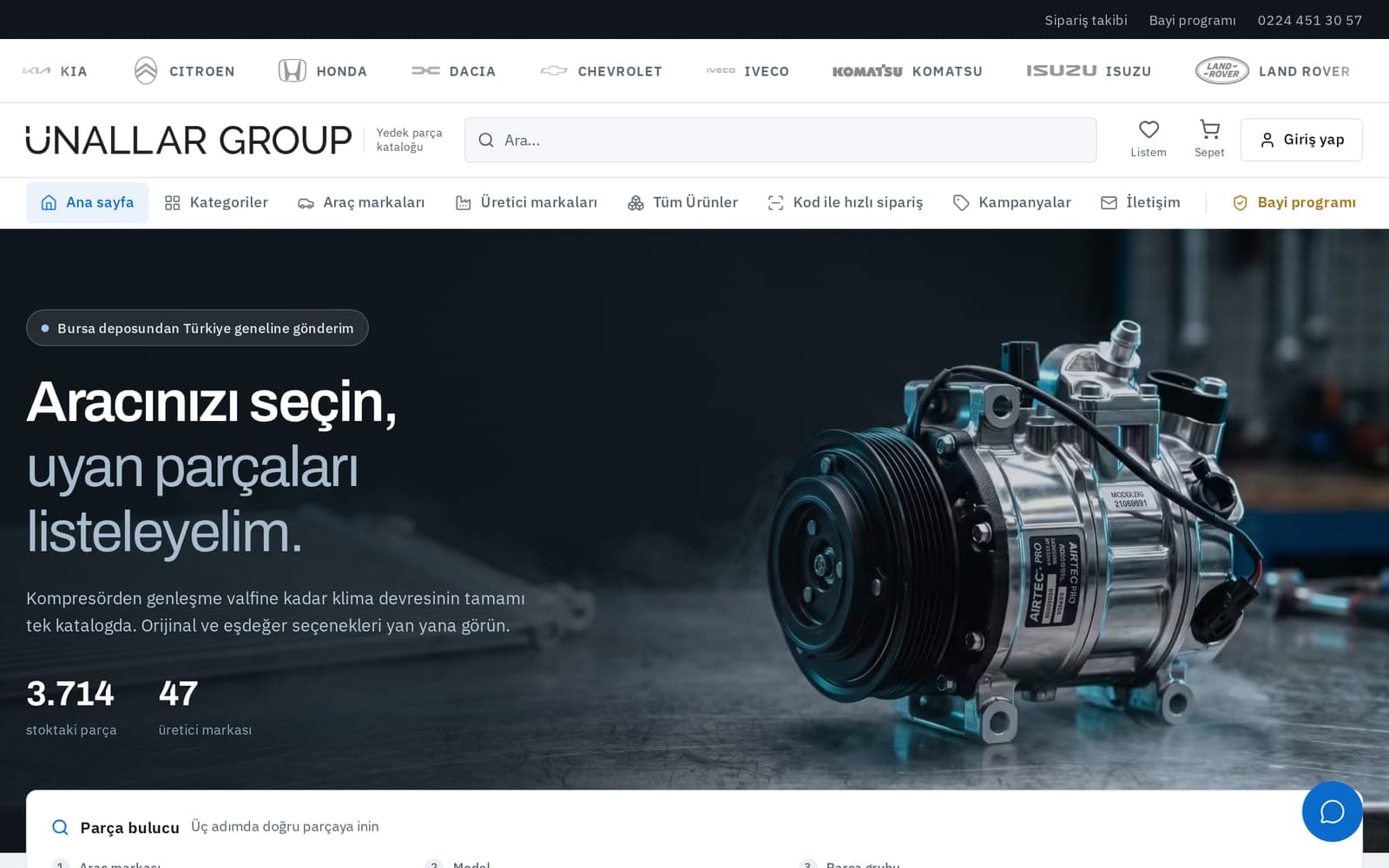 Ünallar Group mağazasının ana sayfası: araç markası, model ve parça grubuna göre çalışan parça bulucu